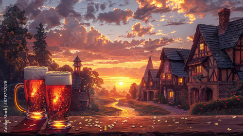 Oktoberfest Sunset with Beer Mugs in Idyllic German Village Setting photo