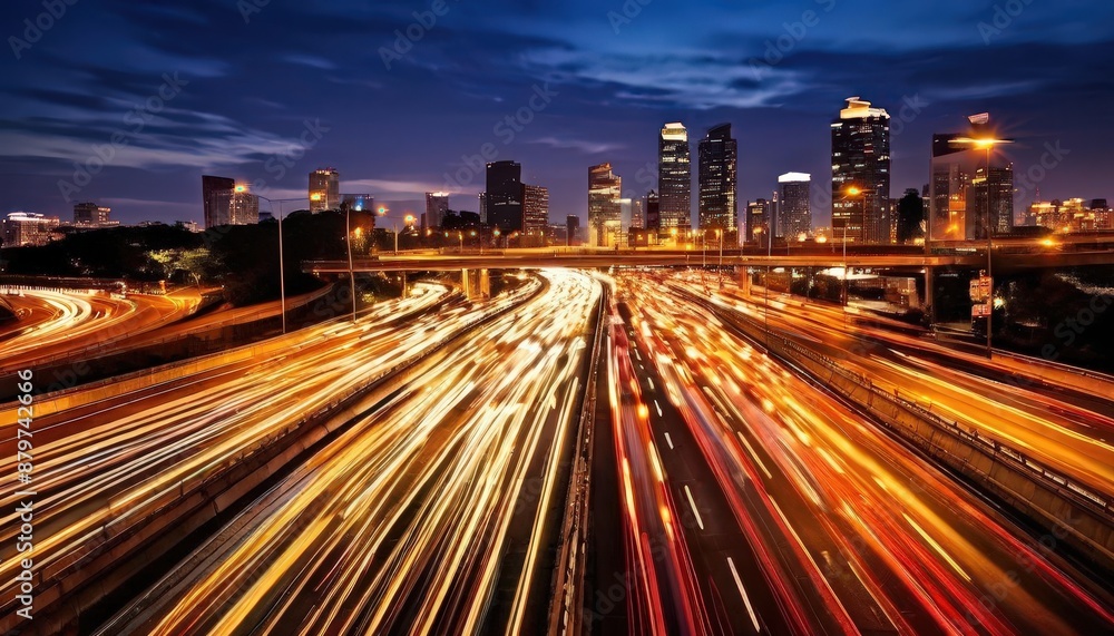 Obraz premium Urban Nighttime Scene: Long Exposure Cars and Traffic Lights on City Streets