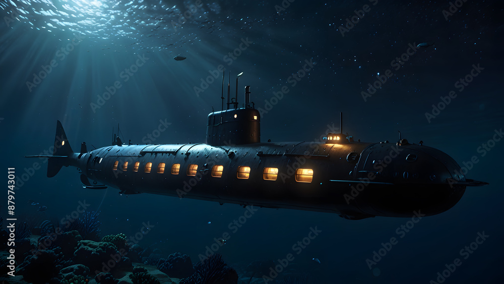 3D Rendered Image of a Submarine Exploring the Ocean Depths