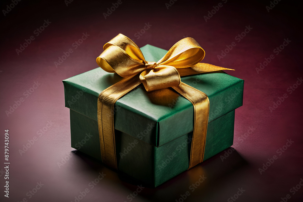 A green box with gold ribbon on top A green box with gold ribbon on top