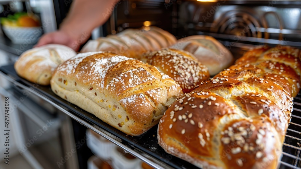 An assortment of freshly baked bread loaves placed on an oven tray with a hand pulling the tray out from the oven in a modern kitchen setting. An assortment of freshly baked bread loaves placed on an oven tray with a hand pulling the tray out from the oven in a modern kitchen setting.