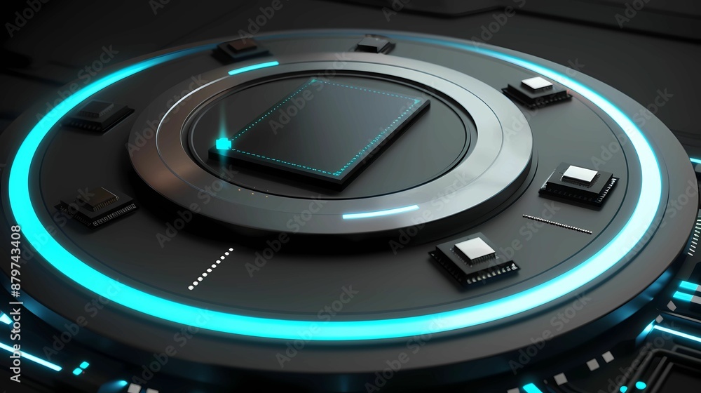 The chip is located on the circular platform are a small chips entire surface has black metal material, surrounded by blue light strips, Generative AI illustrations. The chip is located on the circular platform are a small chips entire surface has black metal material, surrounded by blue light strips, Generative AI illustrations.