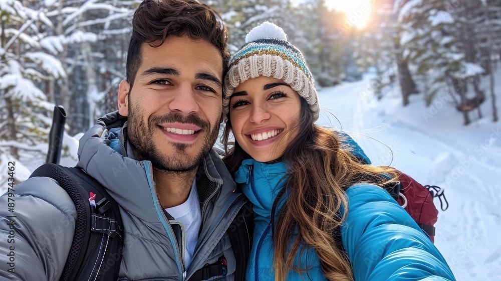 A couple dressed in winter hiking gear is shown smiling as they stand on a snowy trail surrounded by trees, with sunlight filtering through in the background. A couple dressed in winter hiking gear is shown smiling as they stand on a snowy trail surrounded by trees, with sunlight filtering through in the background.