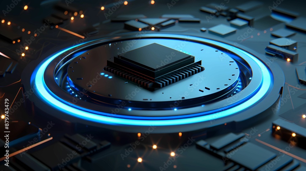 The chip is located on the circular platform are a small chips entire surface has black metal material, surrounded by blue light strips, Generative AI illustrations. The chip is located on the circular platform are a small chips entire surface has black metal material, surrounded by blue light strips, Generative AI illustrations.