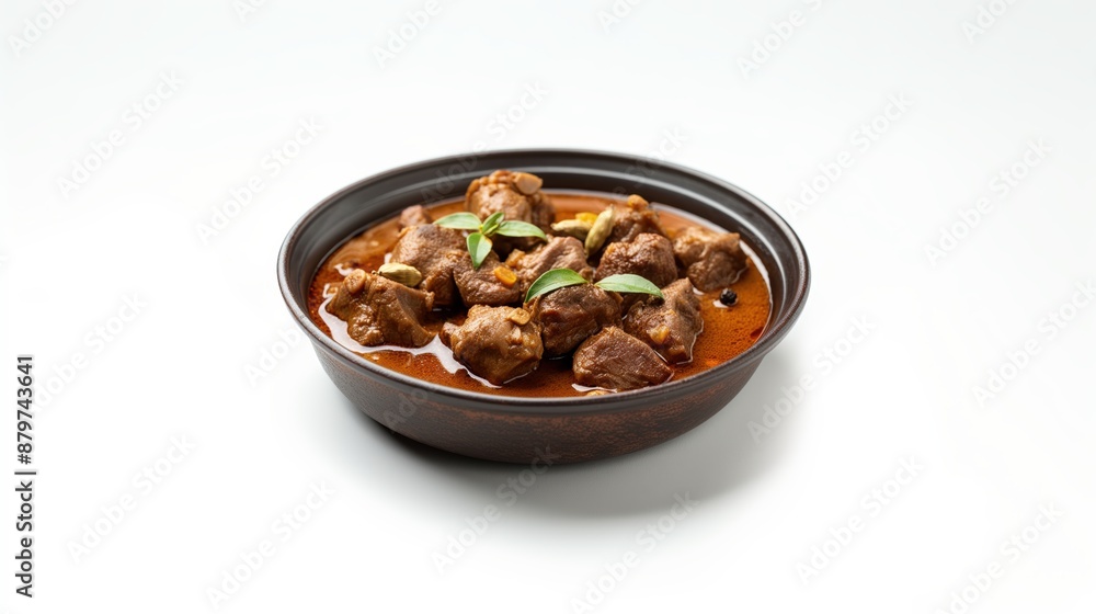 Lamb Curry - Tender lamb pieces in a rich, aromatic brown curry sauce, with whole spices like cardamom and bay leaves, white background Lamb Curry - Tender lamb pieces in a rich, aromatic brown curry sauce, with whole spices like cardamom and bay leaves, white background
