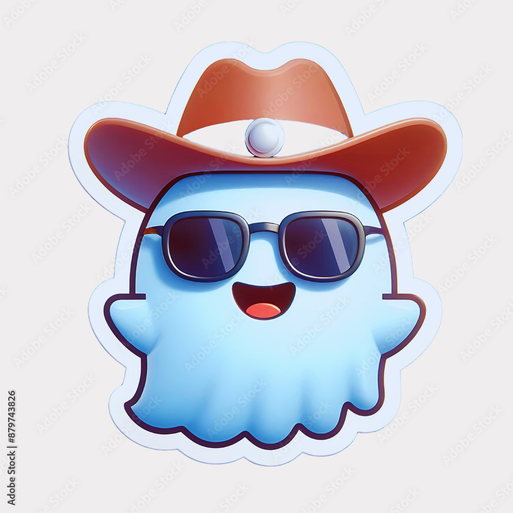 A delightful and whimsical illustration of a friendly ghost sticker donning a cowboy hat and sunglasses A delightful and whimsical illustration of a friendly ghost sticker donning a cowboy hat and sunglasses