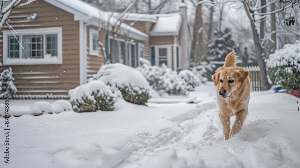A dog frolics in the snow, leaving playful tracks in a backyard transformed into a winter wonderland A dog frolics in the snow, leaving playful tracks in a backyard transformed into a winter wonderland