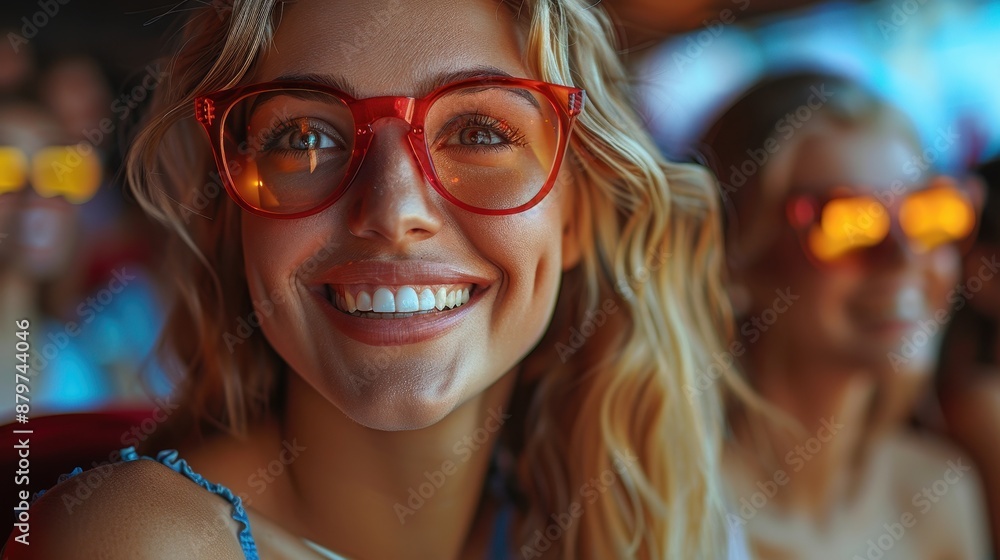 A cheerful woman with red glasses and blonde hair smiling joyfully in a lively and brightly colored background, embodying happiness and positivity. A cheerful woman with red glasses and blonde hair smiling joyfully in a lively and brightly colored background, embodying happiness and positivity.