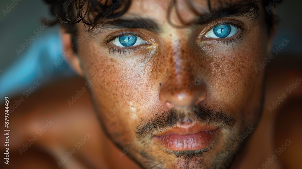 A close-up portrait captures a young man with blue eyes, shapely freckles, and intense gaze, embodying youth, beauty, and the intricate detail of human facial features up close. A close-up portrait captures a young man with blue eyes, shapely freckles, and intense gaze, embodying youth, beauty, and the intricate detail of human facial features up close.