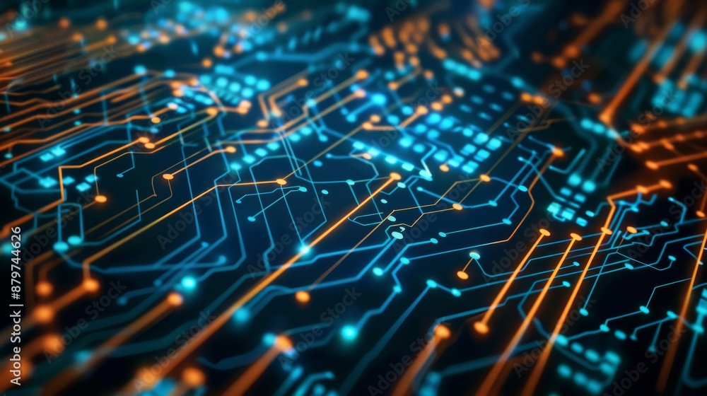 High-tech circuit board with glowing lines and nodes, representing modern technology and data connections. High-tech circuit board with glowing lines and nodes, representing modern technology and data connections.