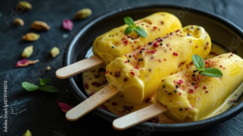 Close-up of three yellow kulfi popsicles, served in a black bowl with a few mint leaves for decoration