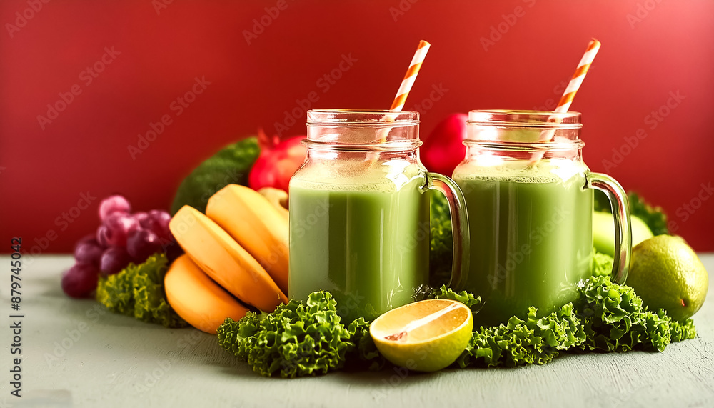 Creative food concept. Glass jar mugs with green health smoothie, kale leaves, lime, apple, kiwi, grapes, banana, avocado, lettuce. Copy space. Raw, vegan, vegetarian, alkaline food concept. Banner Creative food concept. Glass jar mugs with green health smoothie, kale leaves, lime, apple, kiwi, grapes, banana, avocado, lettuce. Copy space. Raw, vegan, vegetarian, alkaline food concept. Banner