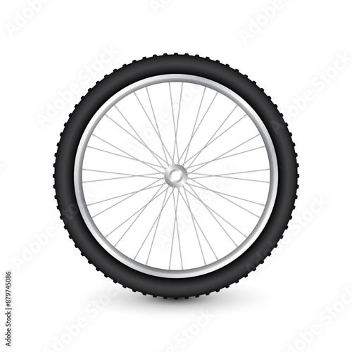 Realistic 3d bicycle wheel. Bike rubber tire, shiny metal spokes and rim. Fitness cycle, touring, sport, road and mountain bike. Vector illustration
