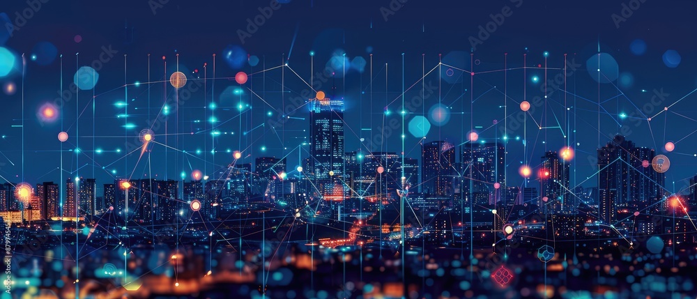 Fototapeta premium application development concept illustration featuring a smart city at night ideal for smart city internet of things smart life information technology and metaverse connection technology