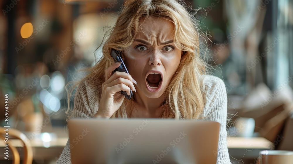 A young woman with long blonde hair, screaming furiously into her phone while using her laptop, in a public cafe. The situation seems very intense and emotional. A young woman with long blonde hair, screaming furiously into her phone while using her laptop, in a public cafe. The situation seems very intense and emotional.