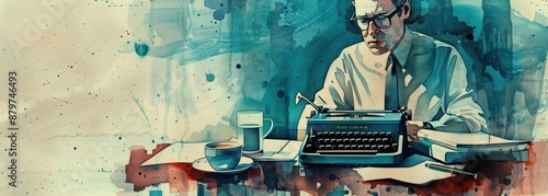 A man is sitting at a desk, wearing a suit and tie He is typing on a typewriter The background is a blue-green color The man is wearing glasses He has a serious expression on his face He is wearing a photo