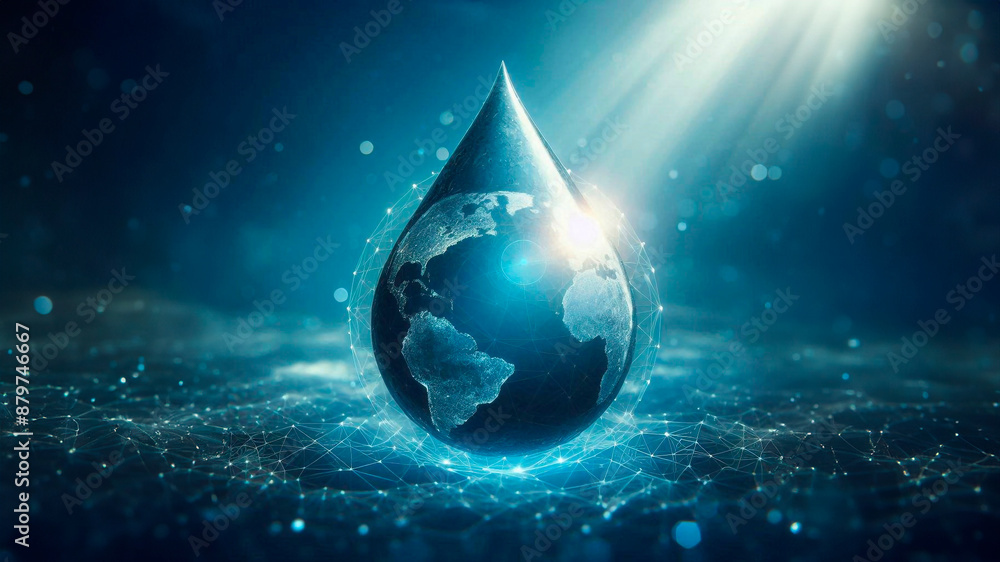 Fototapeta premium A drop of water in the shape of the earth. Water conservation concept