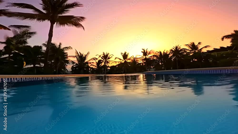 Serene swimming pool surrounded by palm trees at sunset. Serene swimming pool surrounded by palm trees at sunset.
