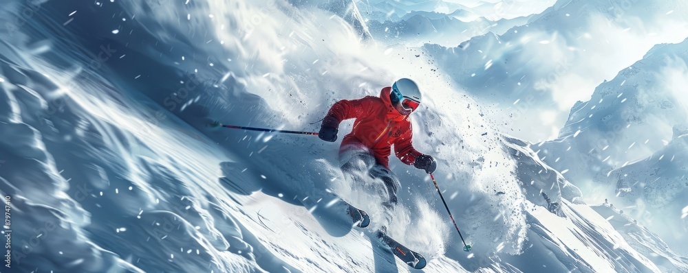 A skier carving their way down a snow-covered mountain, the wind whipping through their hair. A skier carving their way down a snow-covered mountain, the wind whipping through their hair.