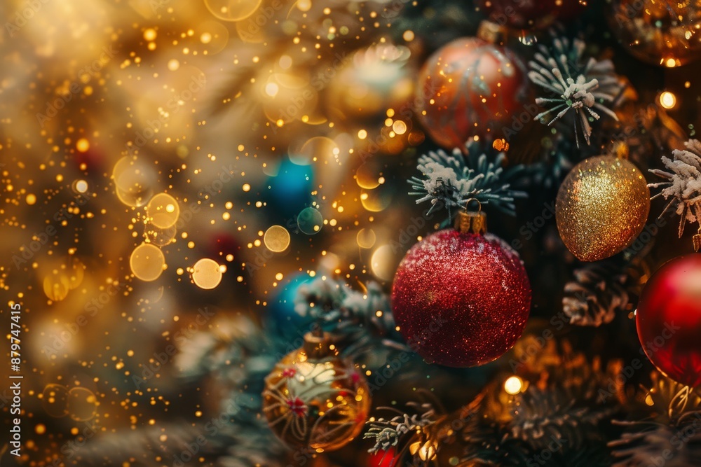 A close-up photo of a decorated Christmas tree, showcasing vibrant ornaments, sparkling lights, and a soft, snow-covered backdrop A close-up photo of a decorated Christmas tree, showcasing vibrant ornaments, sparkling lights, and a soft, snow-covered backdrop