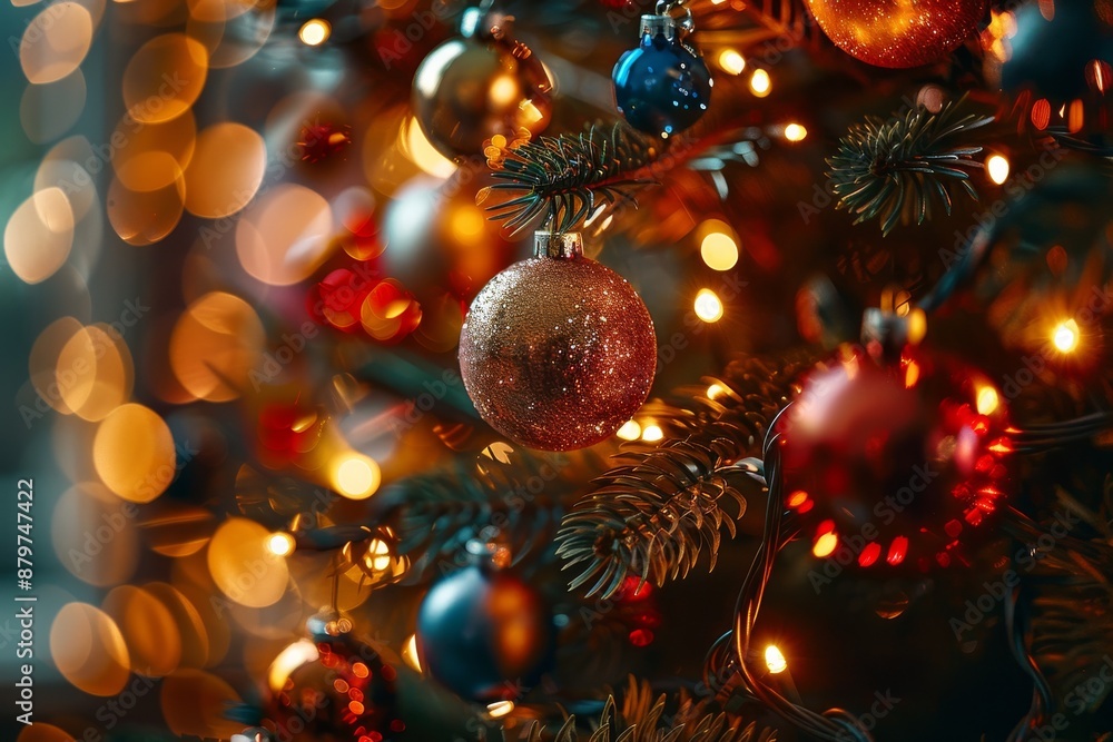 Obraz premium A close-up shot of a Christmas tree adorned with colorful ornaments, twinkling lights, and a warm, festive glow
