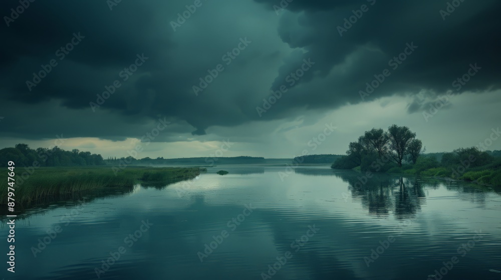 Black clouds gather over a tranquil river, their reflections creating a hauntingly beautiful scene on the water's surface. Black clouds gather over a tranquil river, their reflections creating a hauntingly beautiful scene on the water's surface.
