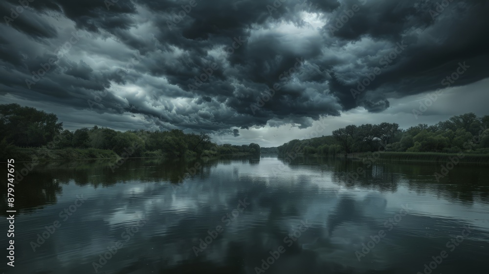 Black clouds gather over a tranquil river, their reflections creating a hauntingly beautiful scene on the water's surface. Black clouds gather over a tranquil river, their reflections creating a hauntingly beautiful scene on the water's surface.