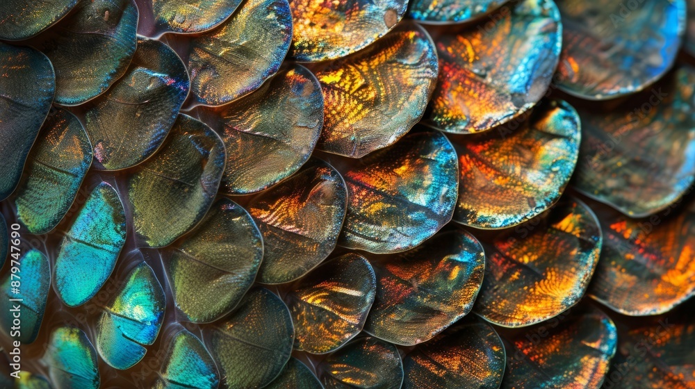 Fototapeta premium Iridescent fish scale in detail, its cool, slippery texture shimmering under the light, a marvel of marine biology