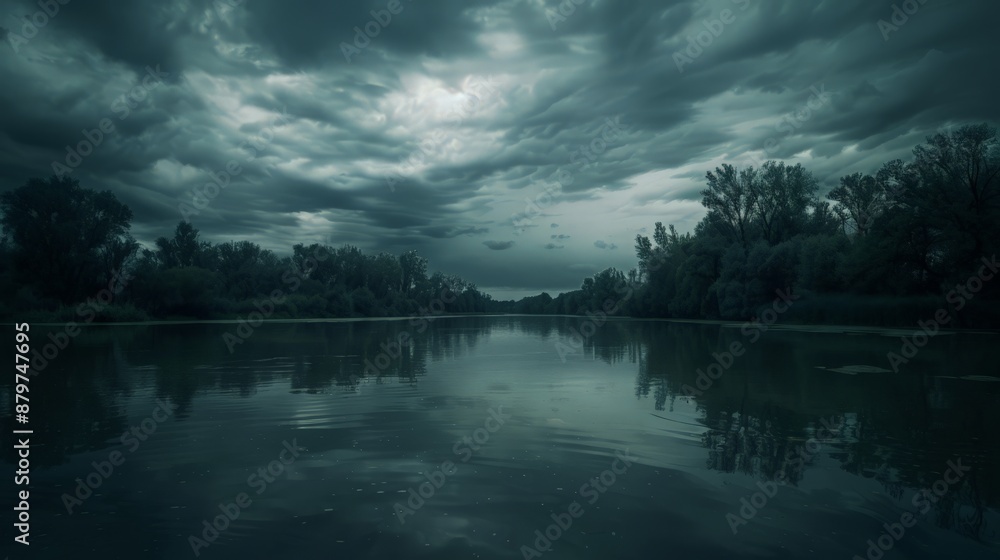 Black clouds gather over a tranquil river, their reflections creating a hauntingly beautiful scene on the water's surface. Black clouds gather over a tranquil river, their reflections creating a hauntingly beautiful scene on the water's surface.