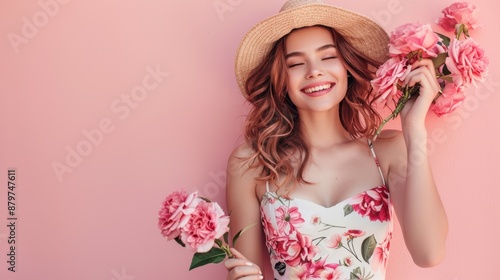 The woman with pink roses photo
