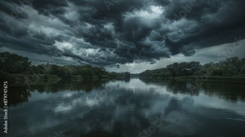 Wallpaper Mural Black clouds gather over a tranquil river, their reflections creating a hauntingly beautiful scene on the water's surface. Torontodigital.ca