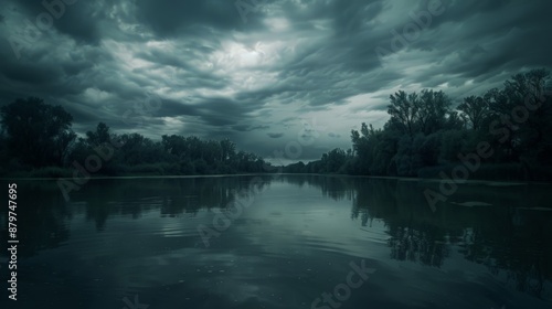 Black clouds gather over a tranquil river, their reflections creating a hauntingly beautiful scene on the water's surface. © Thirawat