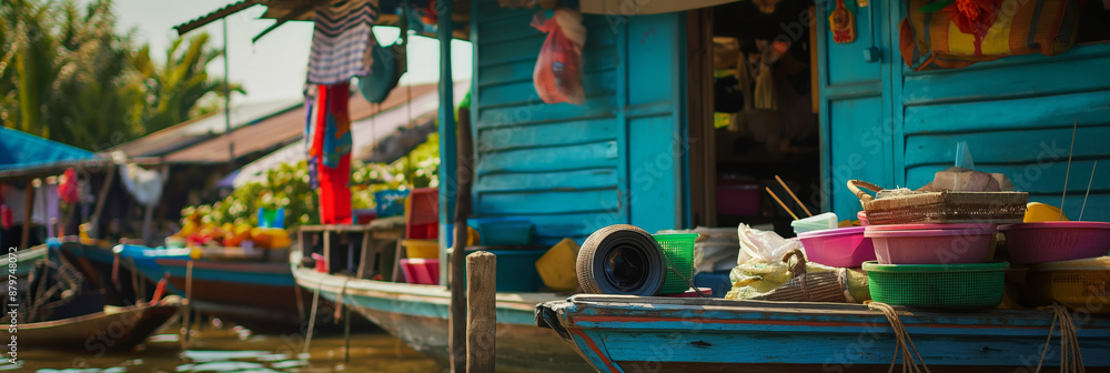 Fototapeta premium Vibrant Floating Market with Traditional Wooden Houses and Colorful Baskets