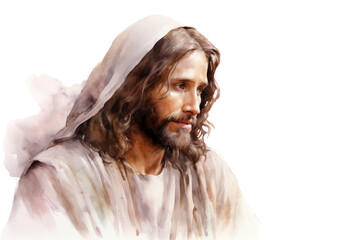 A serene watercolor painting of Jesus with a peaceful expression, featuring soft pastel hues and gentle brush strokes. Isolated on white background