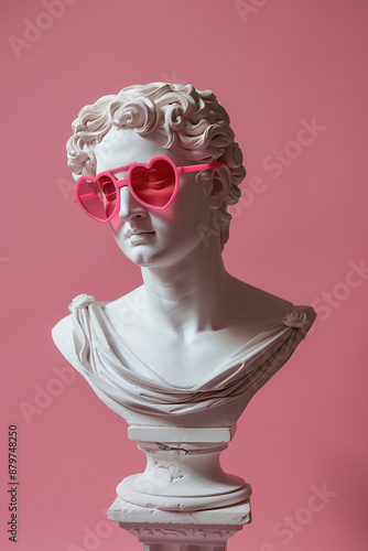 A classical bust sculpture with modern heart-shaped sunglasses, creating a humorous and quirky contrast. photo