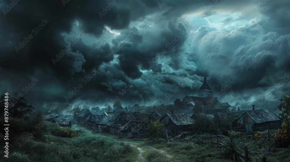Black clouds roll in over a peaceful village, their dark forms creating an ominous and foreboding atmosphere. Black clouds roll in over a peaceful village, their dark forms creating an ominous and foreboding atmosphere.