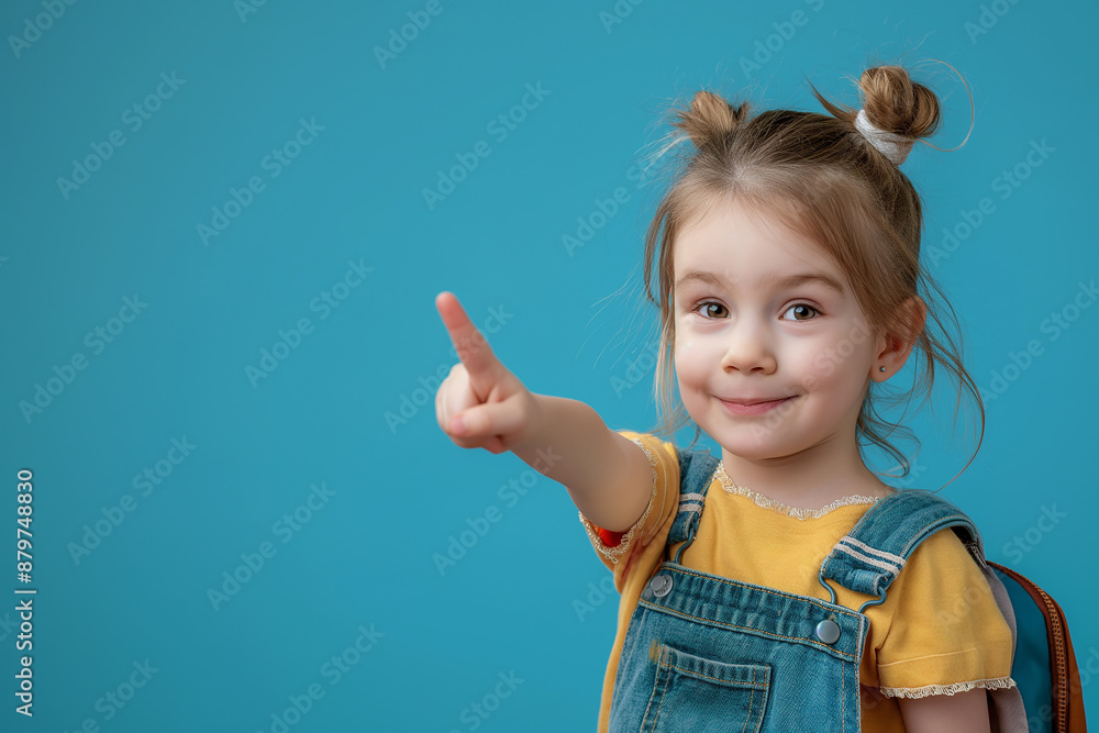 back to school, A young girl wearing a yellow shirt and blue overalls is pointing to the sky back to school, A young girl wearing a yellow shirt and blue overalls is pointing to the sky