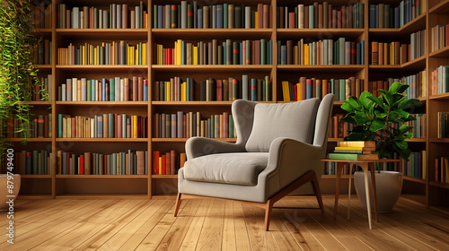 biblioteca moderna com poltrona aconchegante e estantes com livros dispostos em sala com vasos de plantas