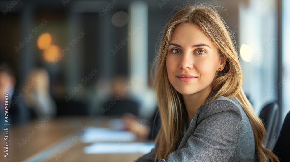 Fototapeta premium Businesswoman in a formal board meeting, highly professional photo picture with balanced lighting and detailed expressions, businesswoman, with copy space