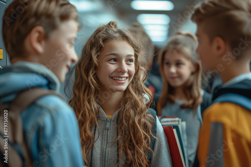 back to school, A girl with long hair is smiling at a group of kids