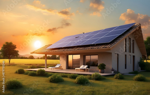 Eco-Friendly Home with Solar Panels Under the Sunset, Renewable Energy Concept