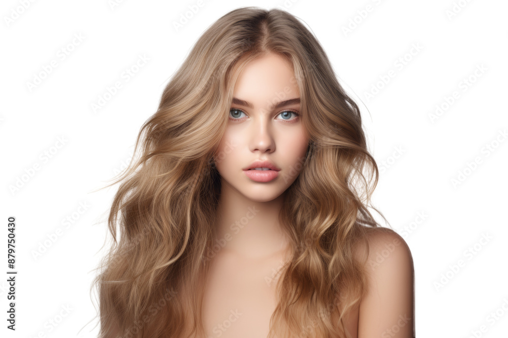 Fototapeta premium Beautiful young model with soft waves and natural look Isolated on white background