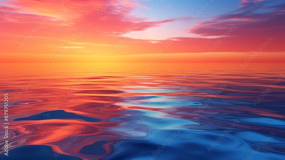 Obraz premium Reflective blue water surface at sunset, with vibrant hues of orange and pink blending into the water