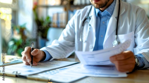 A doctor in a white coat sits at a desk, reviewing medical documents and writing notes.
