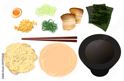 Japanese Delicious miso ramen bowl with noodle egg vector illustration set cooking