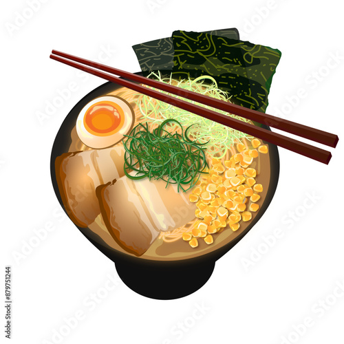 Japanese Delicious miso ramen bowl with noodle egg vector illustration