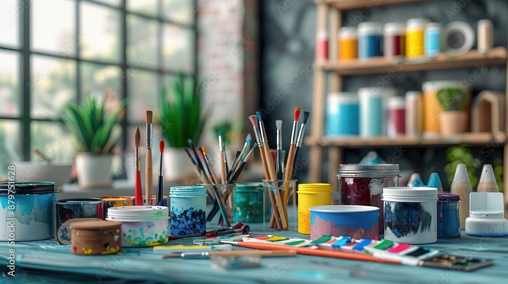 A messy artist's workspace with paintbrushes, paint, and supplies on a table near a window. A messy artist's workspace with paintbrushes, paint, and supplies on a table near a window.
