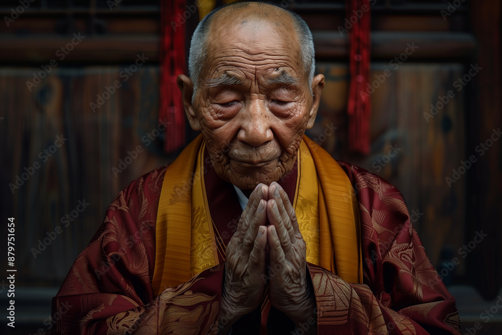 profound wisdom of an old Chinese monk, dressed in a traditional robe with hands folded in prayer, reflecting deep spirituality and contemplation. Perfect for religious content, cu profound wisdom of an old Chinese monk, dressed in a traditional robe with hands folded in prayer, reflecting deep spirituality and contemplation. Perfect for religious content, cu