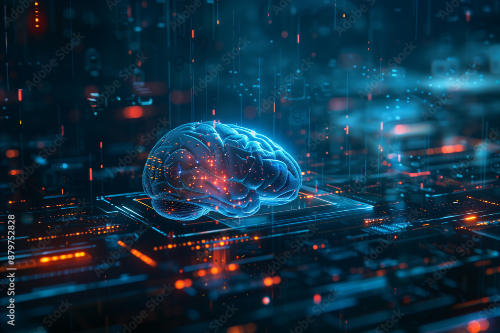 concept of digital cognition with a glowing brain, accentuated by futuristic design elements on a dark blue background, symbolizing high technology and innovation. Great for tech c concept of digital cognition with a glowing brain, accentuated by futuristic design elements on a dark blue background, symbolizing high technology and innovation. Great for tech c
