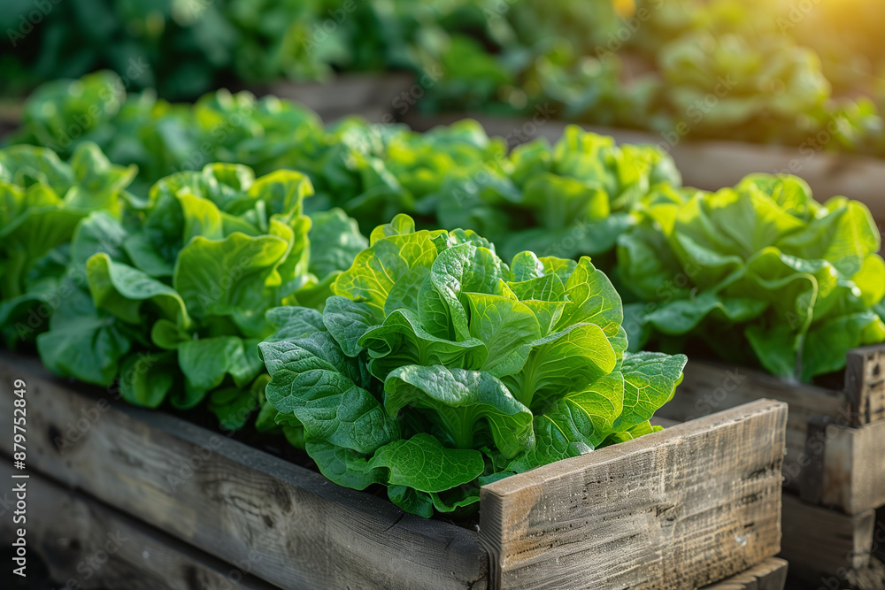 Fresh green lettuce plants in Wooden Crate, healthy, organic, food, agriculture Fresh green lettuce plants in Wooden Crate, healthy, organic, food, agriculture